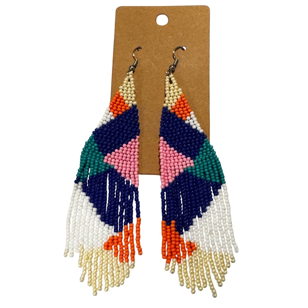 Handmade Seed Bead Fringe Earrings Geometric Boho Dangle Navy Orange Pink 5 Inch